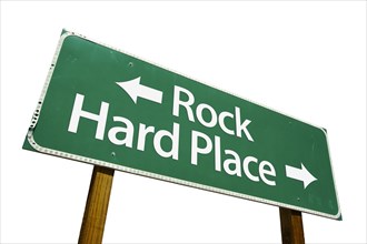 Rock and hard place green road sign isolated on a white background with clipping path