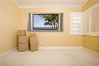 Flat panel television on wall with tropical scene in empty room with boxes