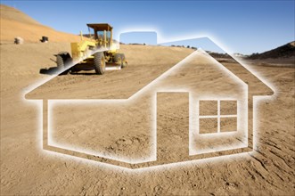 Ghosted house outline above dirt construction site and tractor