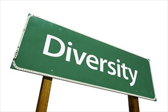 Diversity green road sign isolated on a white background with clipping path