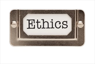 Ethics file drawer label isolated on a white background