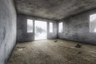 Raw unfinished room of house with grungy wall and dirty floors