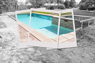 Swimming pool construction site with picture photo frames containing finished project