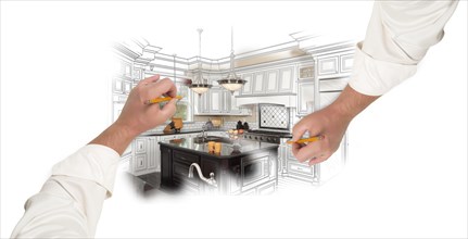 Two male hands sketching with pencil A custom kitchen with photo showing through