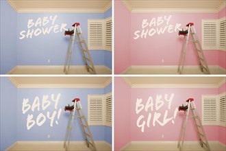Maternity series of pink and blue empty rooms with ladder and paint supplies