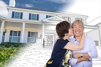Chinese senior adult couple kissing in front of custom house drawing and photo transition
