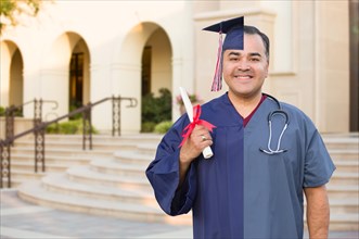 Split screen of hispanic male as graduate and nurse on campus or at hospital