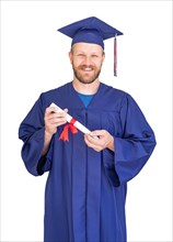 Happy male graduate in cap and gown with diploma isolated on white