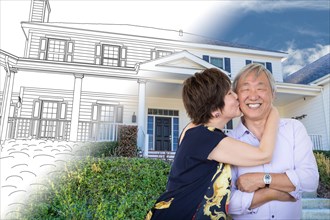 Chinese senior adult couple kissing in front of custom house drawing and photo transition