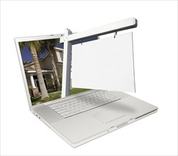 Blank real estate sign & laptop isolated on a white background