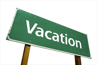 Vacation green road sign isolated on a white background with clipping path