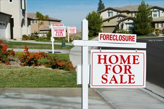 Row of foreclosure home for sale real estate signs in front of houses
