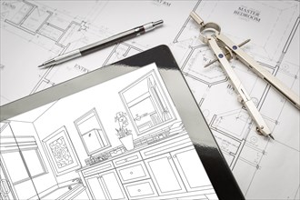 Computer tablet with master bathroom design over house plans