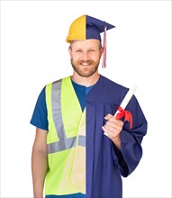Split screen male graduate in cap and gown to engineer in hard hat concept