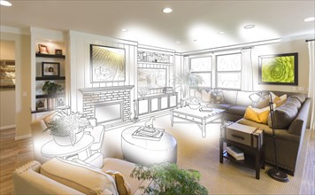 Custom living room drawing brush stoke gradation into photograph