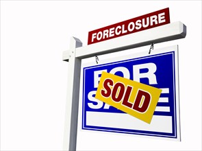 Blue sold foreclosure real estate sign isolated on white