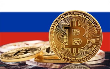Bitcoin coin with russian flag in the background