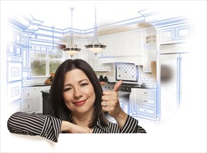 Happy hispanic woman with thumbs up and custom kitchen drawing and photo behind on white