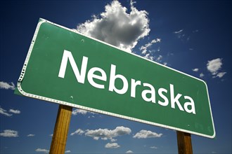 Nebraska road sign with dramatic clouds and sky