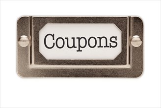 Coupons file drawer label isolated on a white background