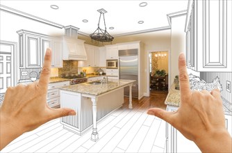 Female hands framing custom kitchen design drawing and square photo combination