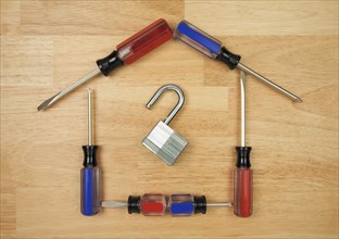 House shaped by screwdrivers and lock on a wood background