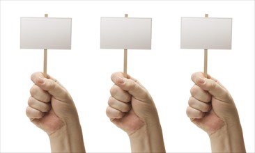Three blank signs in male fists isolated on a white background