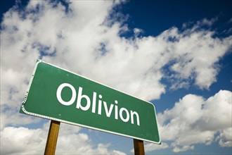 Oblivion road sign with dramatic clouds and sky