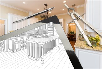 Computer tablet and drafting tools with kitchen drawing and photograph combination