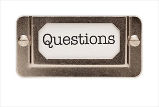Questions file drawer label isolated on a white background