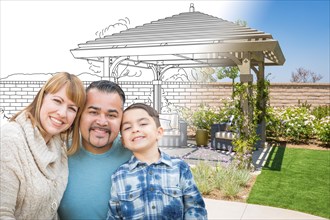 mixed-race family in front of drawing gradating into photo of finished patio cover
