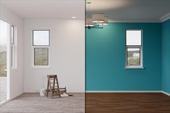 Unfinished raw and newly remodeled room of house before and after with wood floors