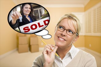 Attractive woman in empty room with thought bubble of agent and sold sign handing over new keys
