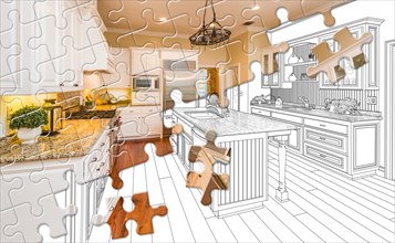 Puzzle pieces fitting together revealing finished kitchen build over drawing