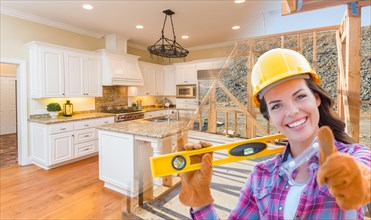 Female construction worker in front of house framing gradating to finished kitchen photo