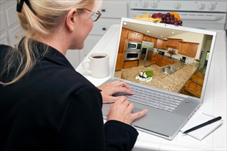 Woman in kitchen using laptop to research home improvement ideas. screen can be easily used for your own message or picture. picture on screen is my copyright as well