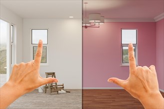 Female hands framing before and after bubble gum pink painted walls in empty room of house