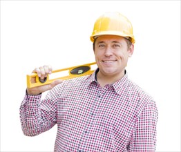 Smiling young male contractor with hard hat and level isolated on a white background
