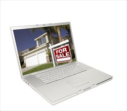 Home for sale sign & new house on laptop isolated on a white background