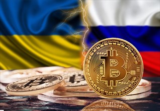 Bitcoin coin with russian and ukrainian flag background