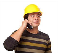 Handsome hispanic contractor with hard hat talking on his cell phone transparent PNG