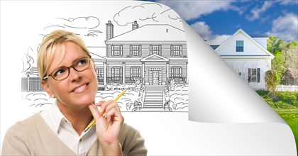 Woman facing house drawing page corner flipping with photo behind