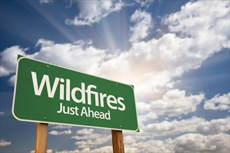 Wildfires green road sign against dramatic sky