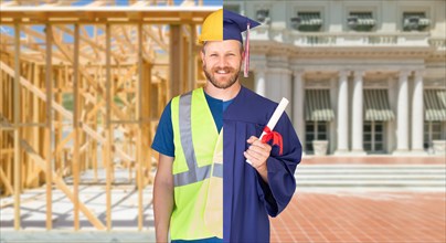 Split screen male graduate in cap and gown to engineer in hard hat concept