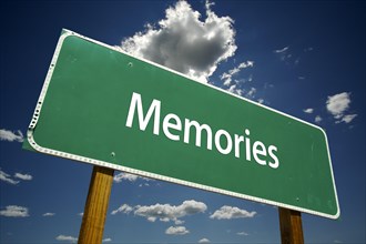 Memories road sign with dramatic clouds and sky