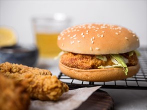 front view fried chicken burger