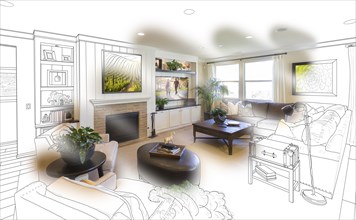 Custom living room drawing brush stoke gradation into photograph