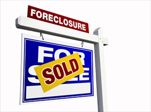 Blue sold foreclosure real estate sign isolated on white