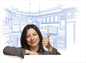 Happy hispanic woman with thumbs up and custom kitchen drawing behind on white