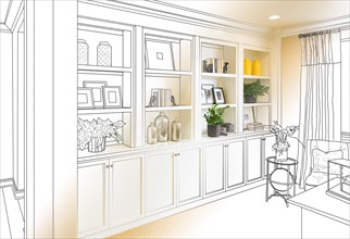 Custom built-in shelves and cabinets design drawing gradating to finished photo
